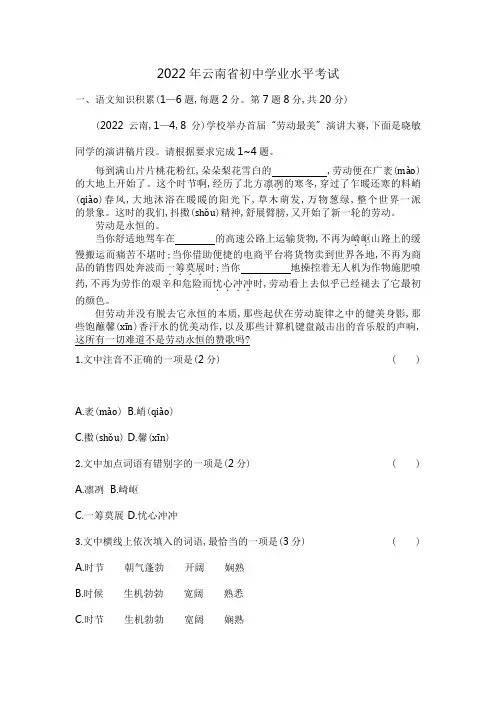 2022年云南省中考语文试卷+答案+解析 