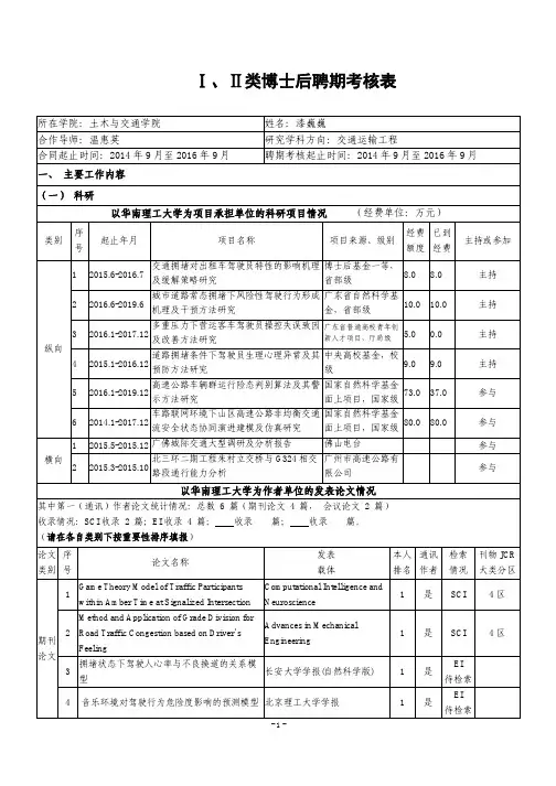 Ⅰ、Ⅱ类博士后聘期考核表-华南理工大学