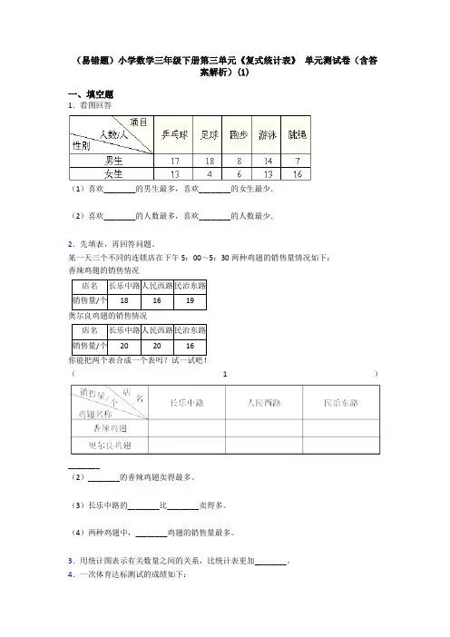 (易错题)小学数学三年级下册第三单元《复式统计表》 单元测试卷(含答案解析)(1)