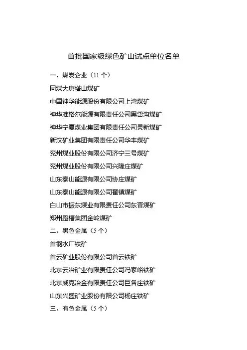 国家级绿色矿山试点单位名单
