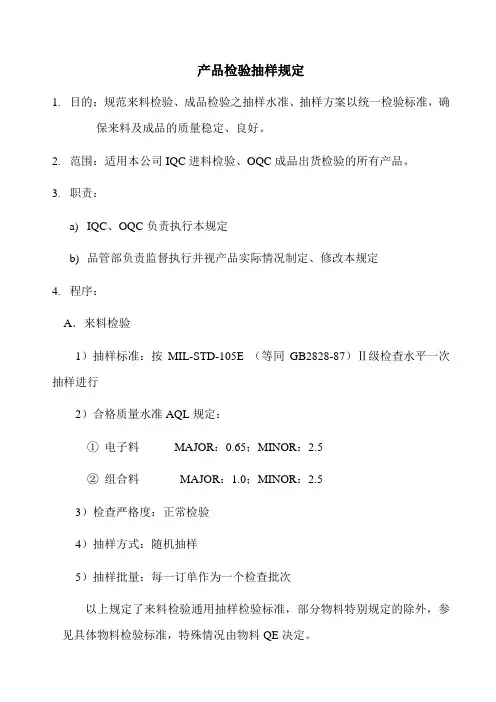 产品检验抽样规定和规范