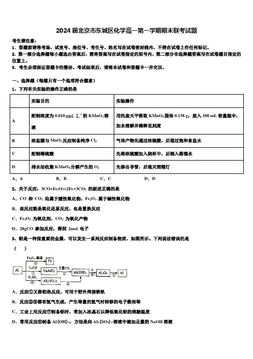 2024届北京市东城区化学高一第一学期期末联考试题含解析