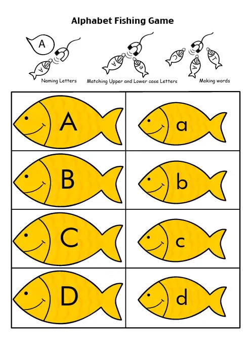 26个英文字母 大鱼小鱼 大小写配对游戏 alphabetfish(C) 少儿英语卡片资料 A4可打印