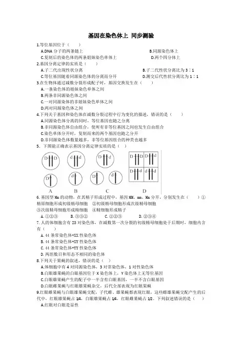 高一生物人教版必修二第二章第2节 基因在染色体上 同步练习