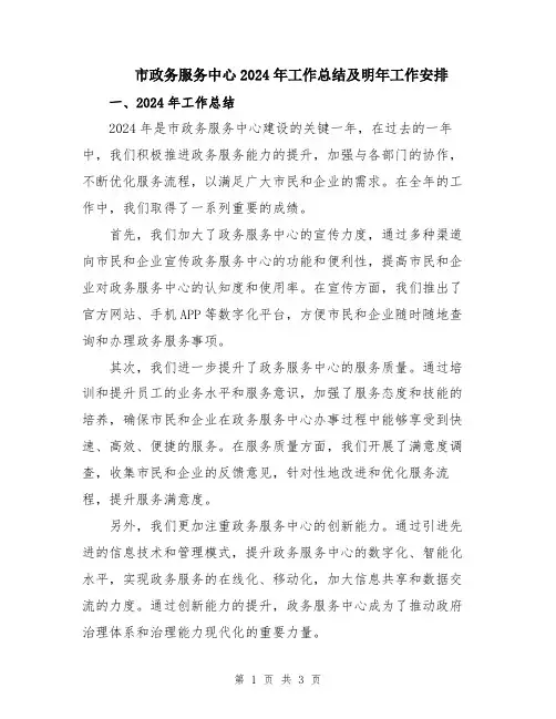 市政务服务中心2024年工作总结及明年工作安排