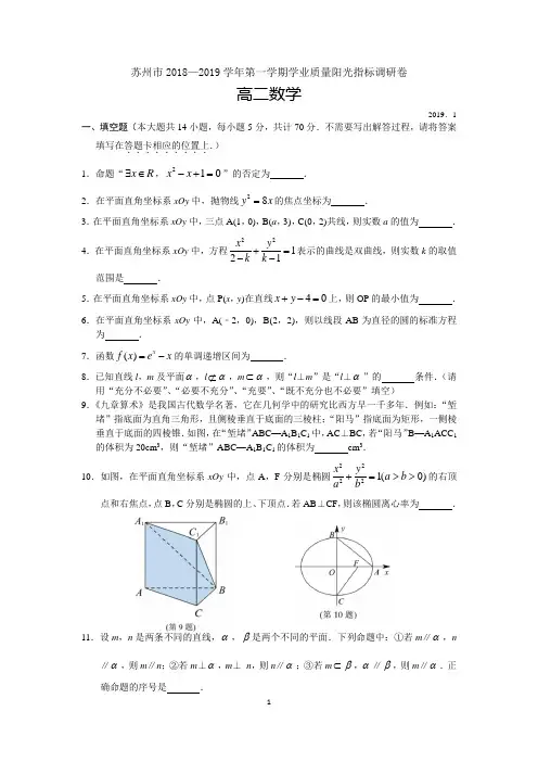 江苏省苏州市2018-2019学年高二第一学期学业质量阳光指标调研 数学试题