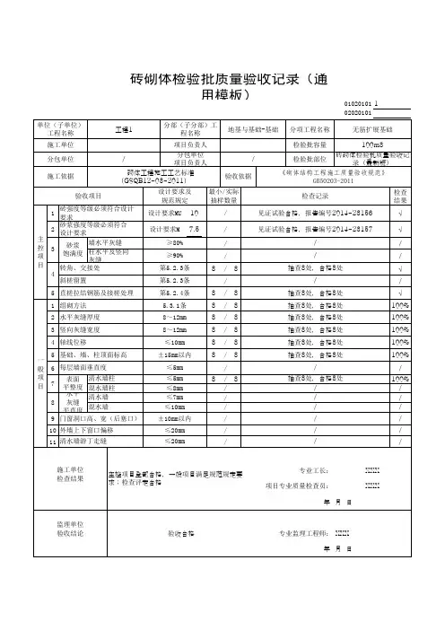 砖砌体检验批质量验收记录(通用模板)