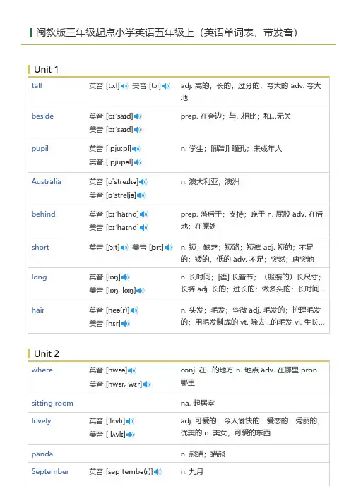 闽教版三年级起点小学英语五年级上(英语单词表)