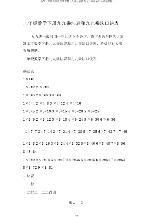 小学二年级教案数学的下册九九乘法表格及九九乘法的口诀要领表格
