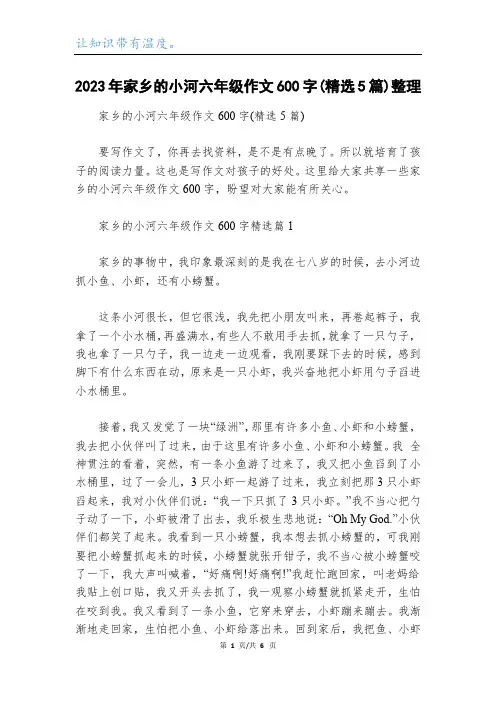 2023年家乡的小河六年级作文600字(精选5篇)整理