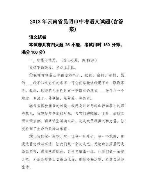 2013年云南省昆明市中考语文试题(含答案)