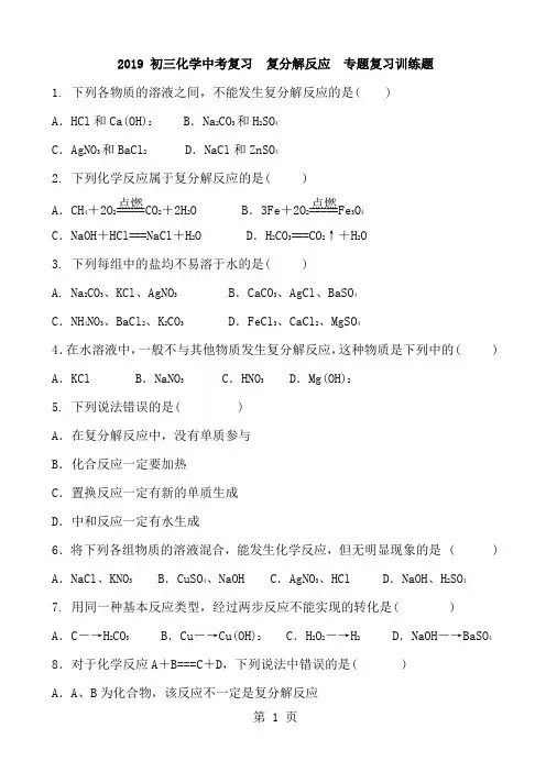 初三化学中考复习  复分解反应  专题复习训练题 含答案