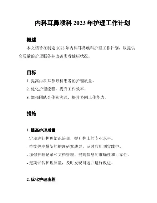 内科耳鼻喉科2023年护理工作计划