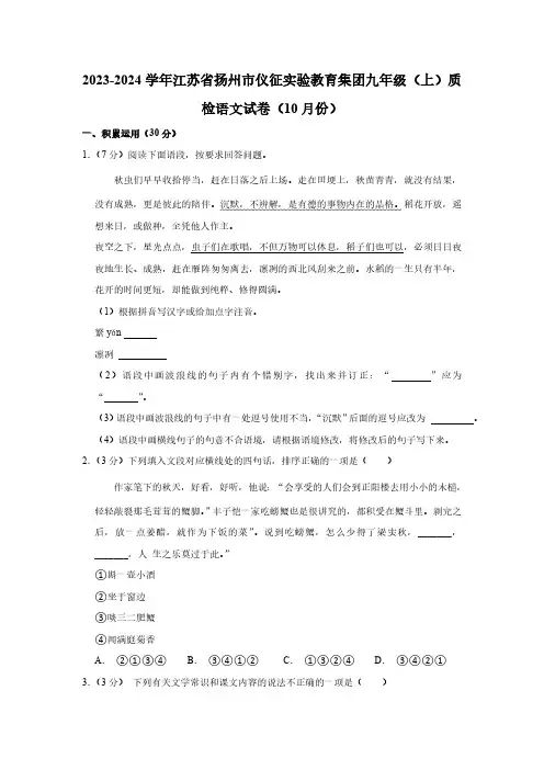 2023-2024学年江苏省扬州市仪征实验教育集团九年级(上)质检语文试卷(10月份)(含解析)