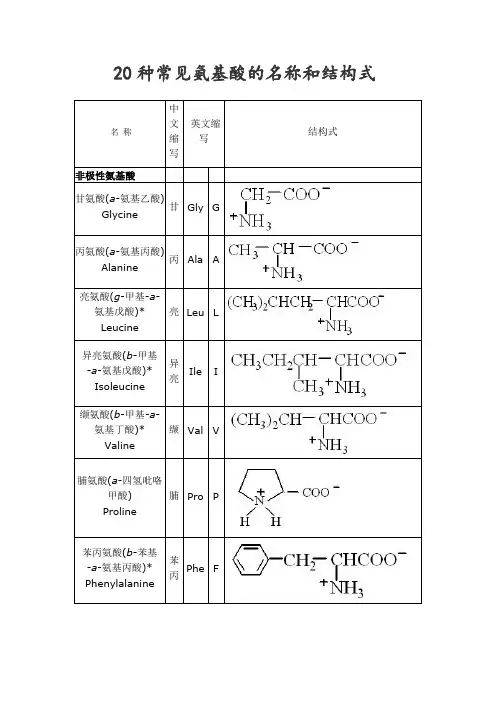 20种常见氨基酸的名称和结构式