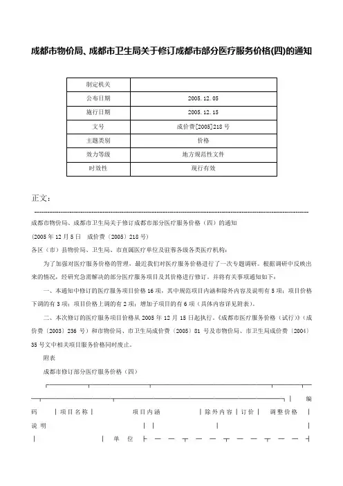 成都市物价局、成都市卫生局关于修订成都市部分医疗服务价格(四)的通知-成价费[2005]218号
