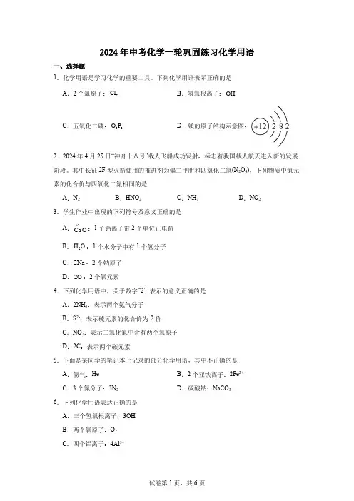 2024年中考化学一轮巩固练习化学用语+