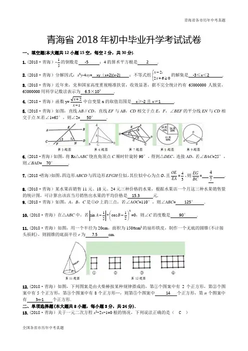 青海省2018年初中毕业升学考试数学试卷