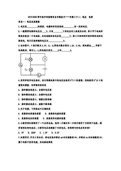 2019-2020学年度中考物理考点专题复习——专题三十二：电压  电阻(解析版)