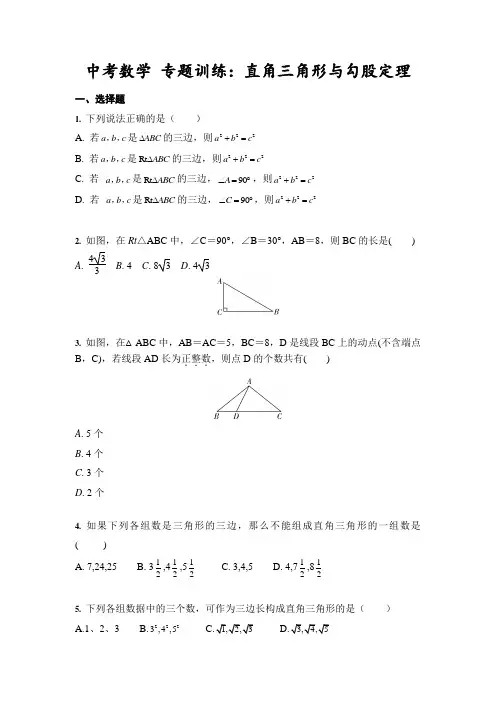 2021年九年级中考数学 专题训练：直角三角形与勾股定理(含答案)