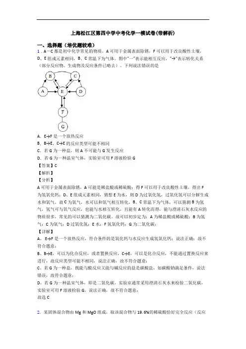 上海松江区第四中学中考化学一模试卷(带解析)
