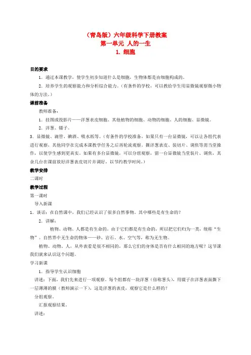 六年级科学下册细胞教案青岛版(三年级起点)