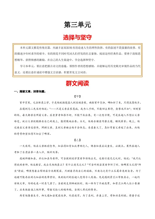 中考九年级语文下册第三单元选择与坚守群文阅读单元主题群文阅读(部编版原卷版)