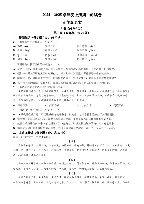 2024-2025学年九年级上册期中语文试题
