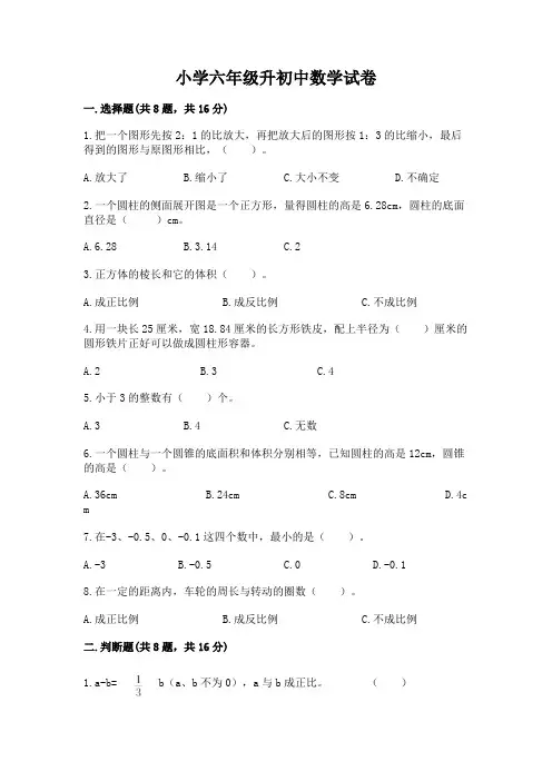 小学六年级升初中数学试卷附答案(研优卷)