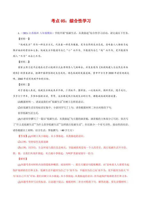 综合性学习(考点训练)八年级语文下学期期末复习考点梳理与训练(江苏专用)(解析版)