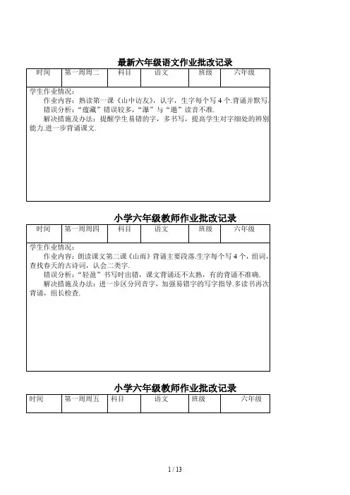 最新六年级语文作业批改记录