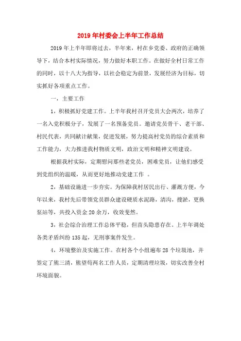 2019年村委会上半年工作总结