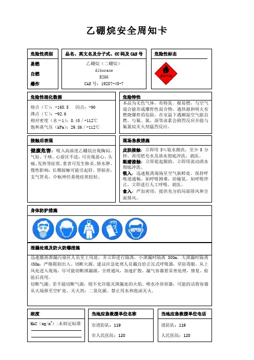 乙硼烷安全周知卡、职业危害告知卡、理化特性表