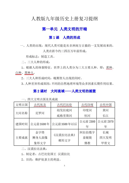 人教版九年级历史上册复习提纲