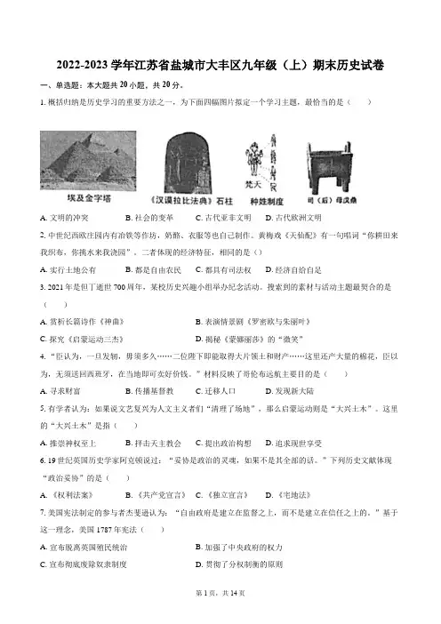 2022-2023学年江苏省盐城市大丰区九年级(上)期末历史试卷(含详细答案解析)