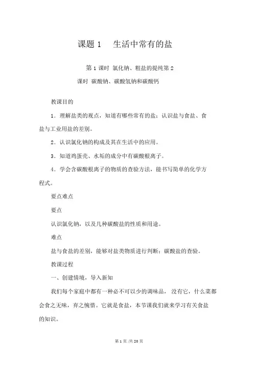 人教版九年级化学下册第11单元教案：课题1生活中常见的盐