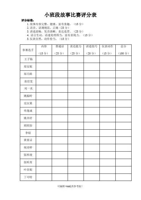 幼儿园讲故事评分表格
