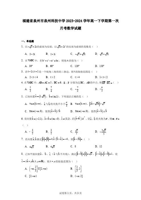 福建省泉州市泉州科技中学2023-2024学年高一下学期第一次月考数学试题