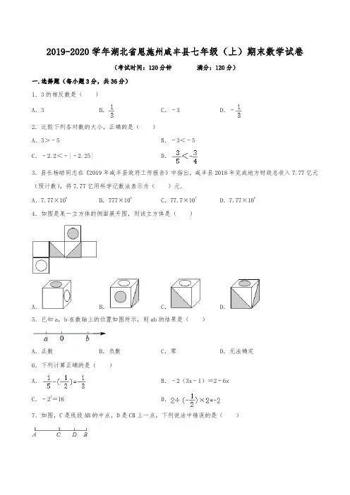 2019-2020学年湖北省恩施州咸丰县七年级(上)期末数学试卷(含解析)