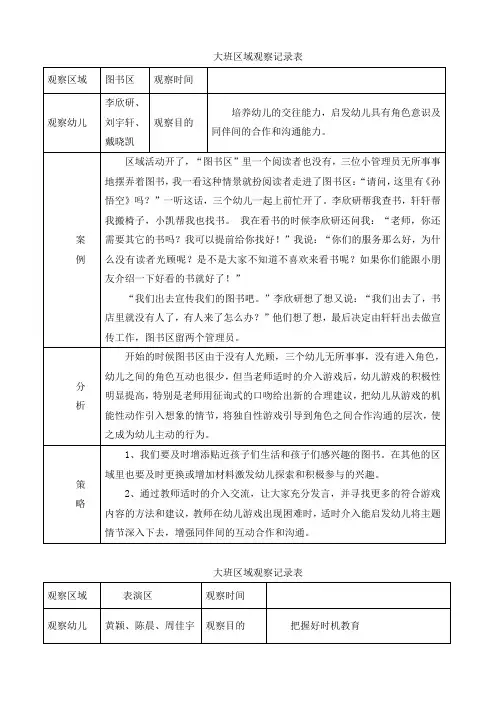 幼儿园区域活动观察记录表