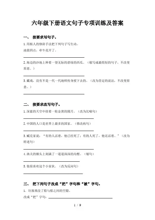 六年级下册语文句子专项训练及答案