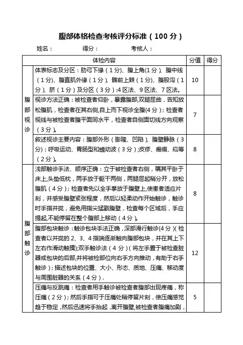 腹部体格检查考核评分标准
