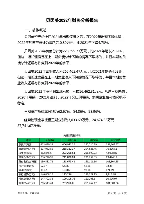 002570贝因美2022年财务分析报告-银行版