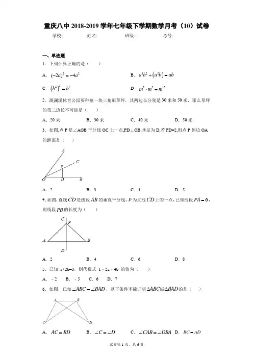 重庆八中2018-2019学年七年级下学期数学月考(10)试卷(有解析)