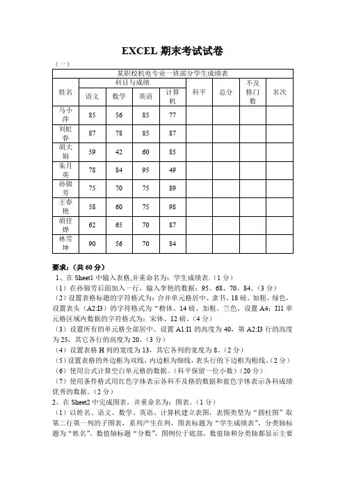 EXCEL期末考试试卷