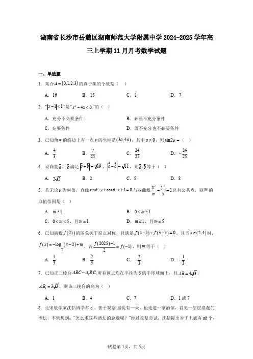 湖南省长沙市岳麓区湖南师范大学附属中学2024-2025学年高三上学期11月月考数学试题