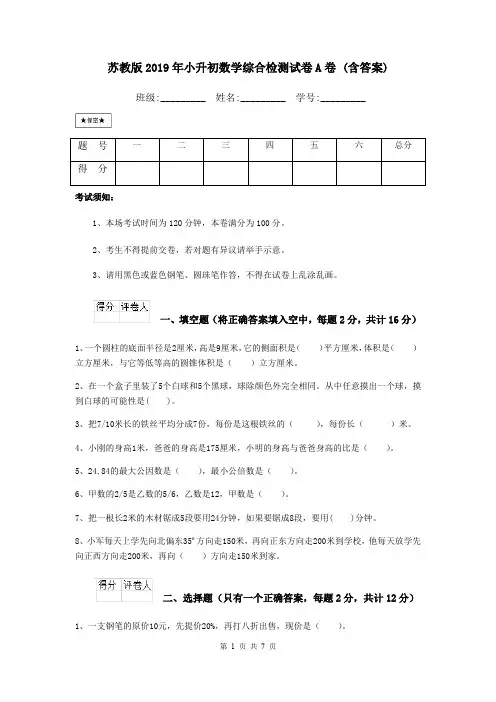苏教版2019年小升初数学综合检测试卷A卷 (含答案)