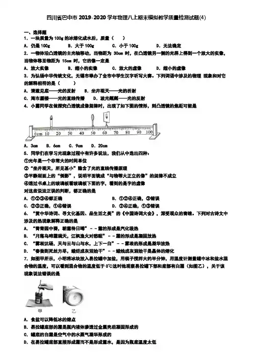 四川省巴中市2019-2020学年物理八上期末模拟教学质量检测试题(4)