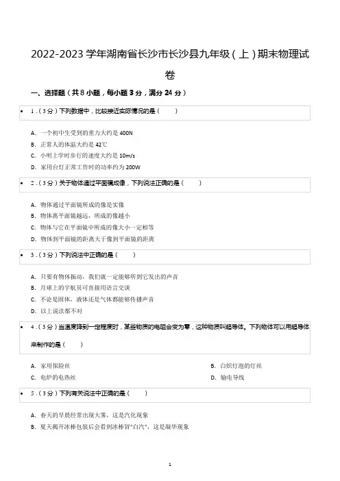 2022-2023学年湖南省长沙市长沙县九年级(上)期末物理试卷