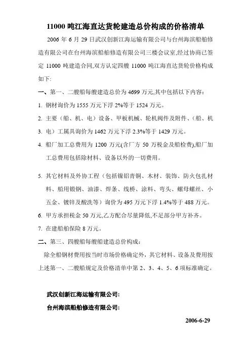 船舶建造总价构成的价格清单